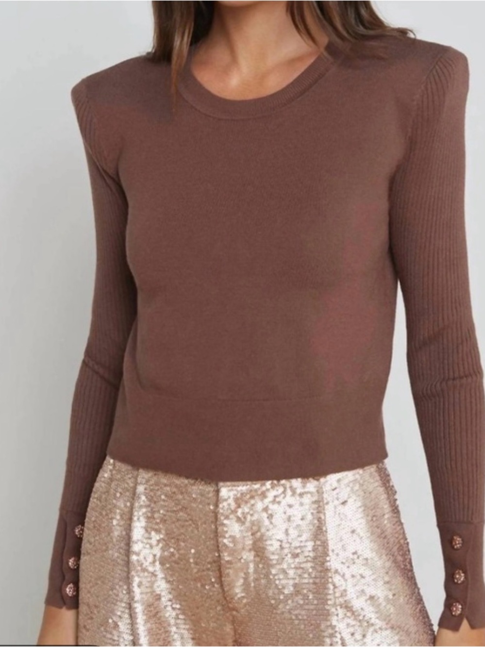 NWT L'AGENCE Brown Ribbed-Sleeve Crewneck Padded Shoulder Top Size Small